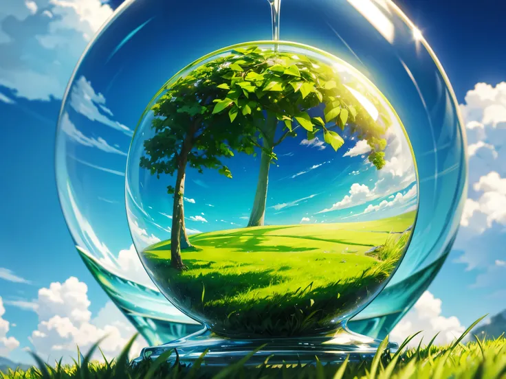 green glass globe on grass with sky in the style of macrorealism