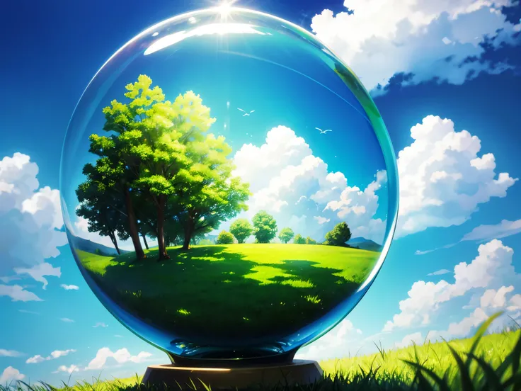 green glass globe on grass with sky in the style of macrorealism