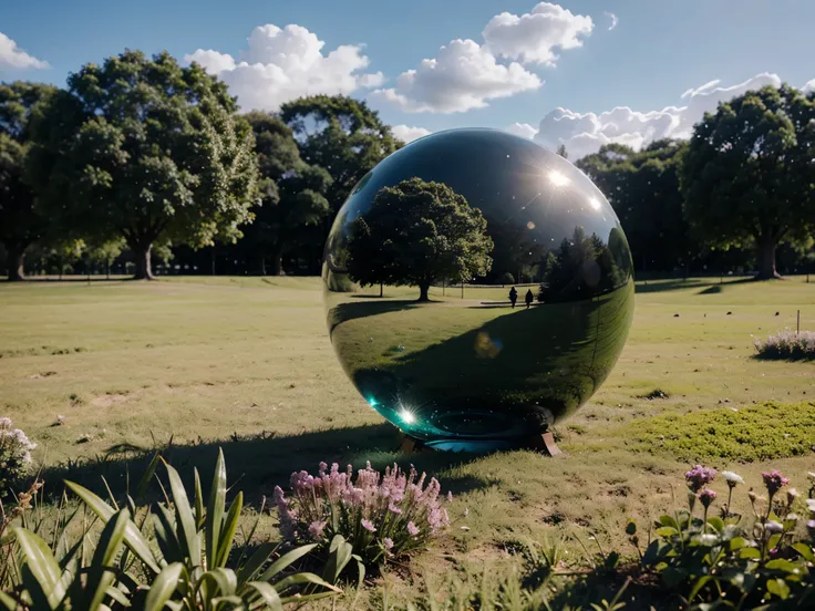 green glass globe on grass with sky in the style of macrorealism