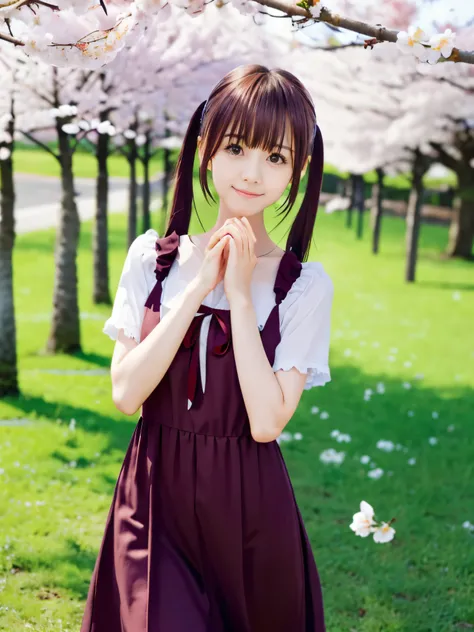 (wearing a spring dress、Close up face shot of one slender small breasted maroon long tailed girl with bangs hair between eyes :1.5)、(The girl has red-brown eyes、Walk with a small smile、hair blows in the wind。 :1.5)、(Rows of cherry blossom trees in full blo...