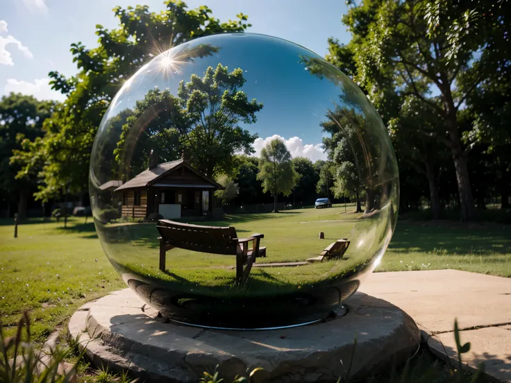 green glass globe on grass with sky in the style of macrorealism