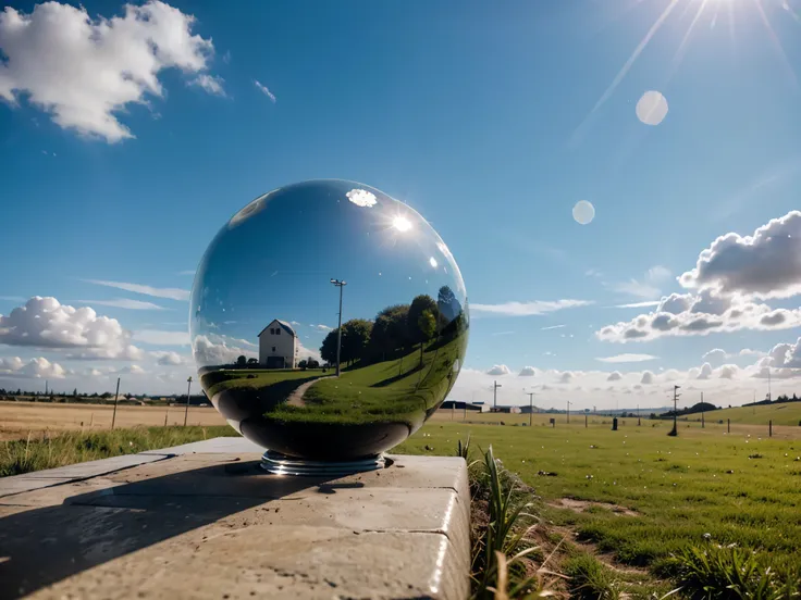 green glass globe on grass with sky in the style of macrorealism