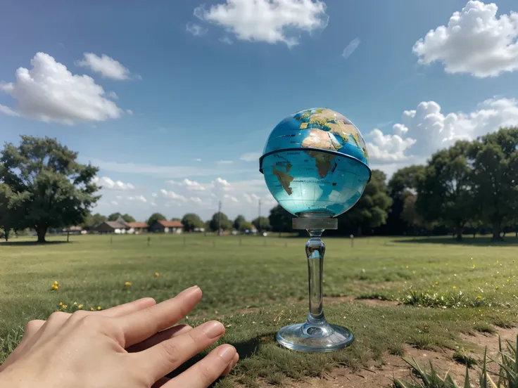 green glass globe on grass with sky in the style of macrorealism