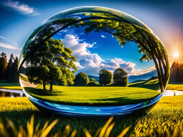 A globe made of green glass rests on a bed of lush green grass, surrounded by vibrant blades that sway gently in the breeze. The sky, painted in shades of cerulean and adorned with fluffy white clouds, serves as the backdrop. The globe, meticulously crafte...