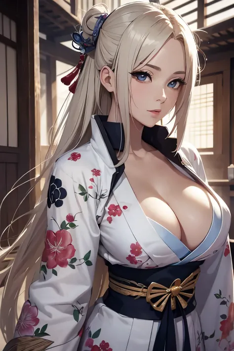 masterpiece, top quality, 1 girl, Tsunade from Naruto, busty body, detailed textures, realistically rendered, anime-style, open kimono, revealing cleavage, exude confidence, sensual expression, traditional Japanese tattoos, intricate designs --auto --s2