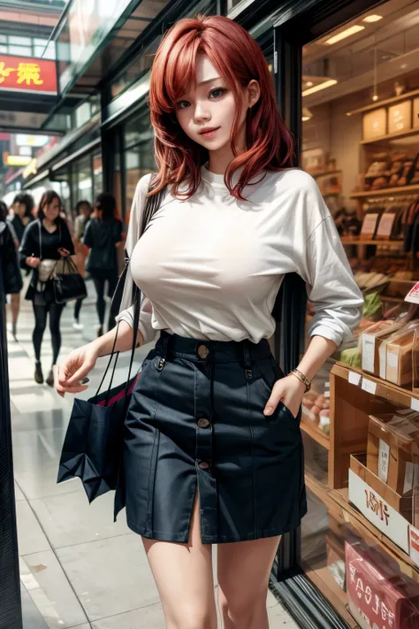 chris、25 years old、Redhead shortcuts、beautiful woman in casual long shirts and skirt fashion, shopping, giga_busty