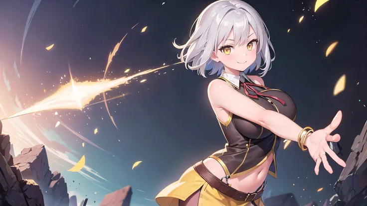 1 girl, game CG, brown sleeveless shirt, short slit skirt, neck ribbon, bangles, gigantic breasts, silver hair, short hair, french braid, yellow eyes, fantasy background, dynamic, looking at viewer, skill attack, smile,