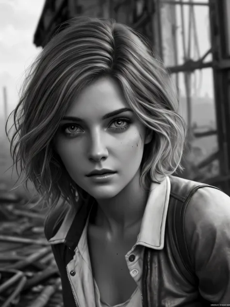 photorealistic, Masterpiece photo in shades of gray, woman with disheveled hair and tiny post-apocalyptic clothes, cute sexy, (Detailed wasteland background), ultra sharp focus, Detailed face, (((posing))), random hair color, short hair, Beautiful eyes, wh...