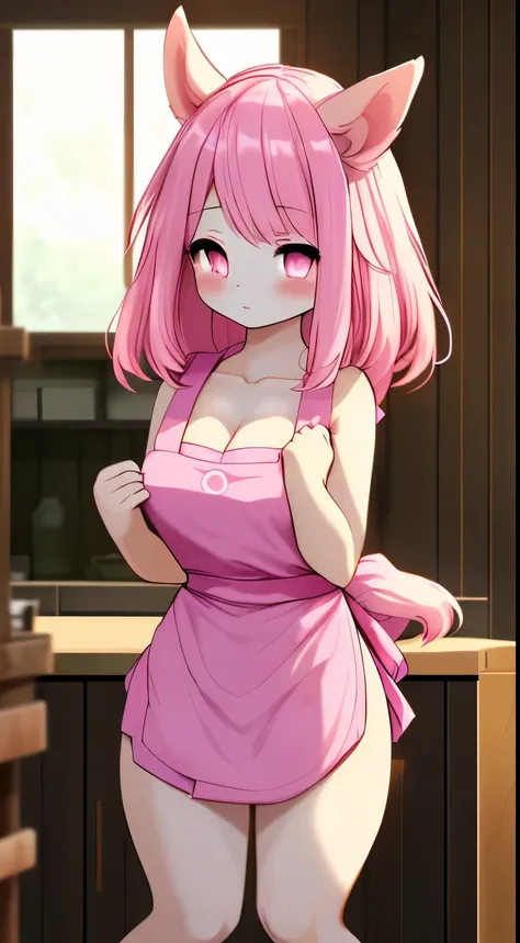 1girl in, 独奏, Pink hair, (barechested:1.3), (White apron),, cleavage of the breast, thighs thighs thighs thighs, opening legs,anthro,equinegirl,horse,shota 