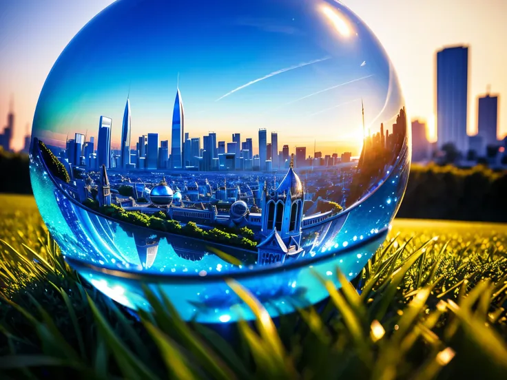 blue glass globe on grass with sky with city in background, Miki Asai Macro photography, close-up, hyper detailed, trending on artstation, sharp focus, studio photo, intricate details, highly detailed, by greg rutkowski