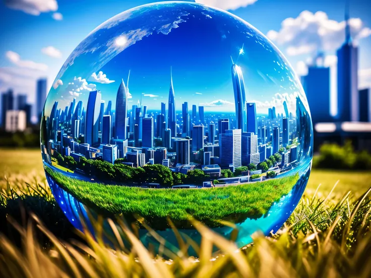 blue glass globe on grass with sky with city in background, Miki Asai Macro photography, close-up, hyper detailed, trending on artstation, sharp focus, studio photo, intricate details, highly detailed, by greg rutkowski