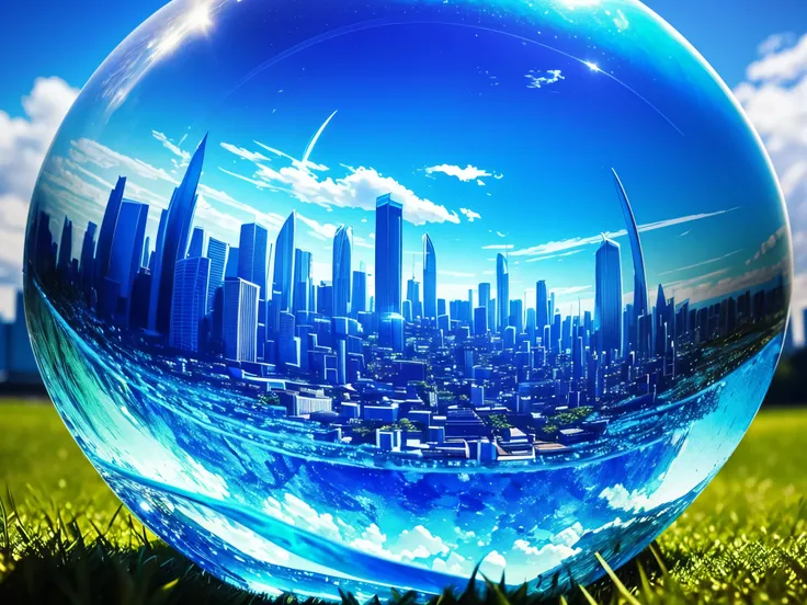 blue glass globe on grass with sky with city in background, Miki Asai Macro photography, close-up, hyper detailed, trending on artstation, sharp focus, studio photo, intricate details, highly detailed, by greg rutkowski