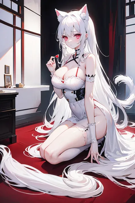 big breasts，Dressed in tattered maid outfits，Look at me tenderly，blood red eyes，wear white，beautiful hair、 beautiful eyes、 beautiful skin、beautiful legs、beautiful arms、perfect fingers、 very cute，white hair, long hair，white cat ears, white cat tail,best qua...