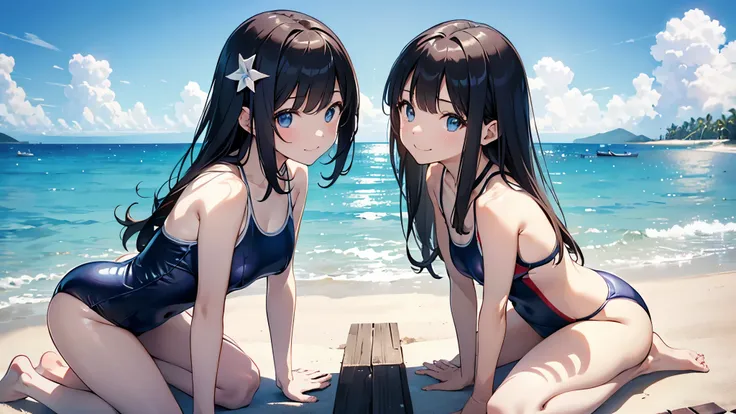 ((masterpiece、4K、8K、highest quality: 1.perfect fingers: 1.perfect anatomy: 1.3、background blur))、((Super precise expression))、((12 years old、thin、small face、super beautiful girl、straight long hair))、(gossiper、two beautiful girls)、((swimsuit:1.3))、barefoot、...