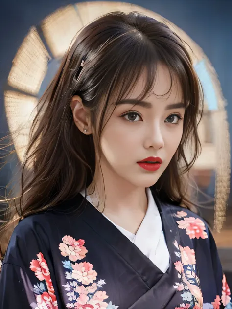 1 female、(super beautiful)、(Beautiful and sad face:1.5)、(detailed face:1.4)、Early 30s、(red pattern on black kimono:1.3)、(Wearing heavy makeup)、(red lips:1.3)、brown hair、(Just after sunset:1.2)、(The sky changes from sunset to night:1.3)、(Backlight)、If someo...