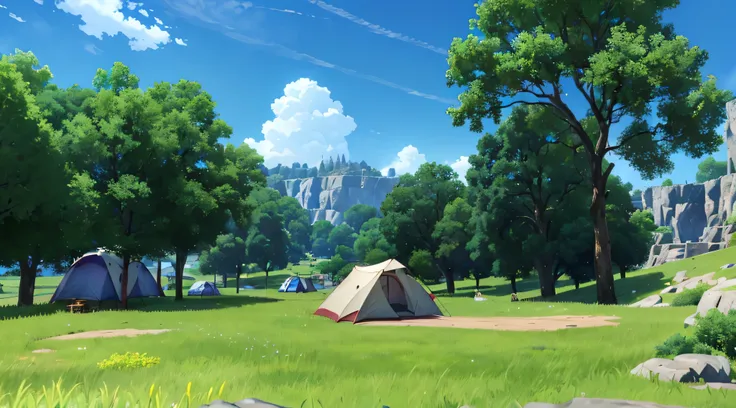 (Fundo:1.5), scenario, (acampamento:1.2), battle station, medieval, meia idade, tendas brancas, clear blue sky, Poucas nuvens, tiro de vaqueiro, (vista frontal:1.5), trees around, dirt floor, cliff behind, bandeiras roxas, small grass cut on the ground