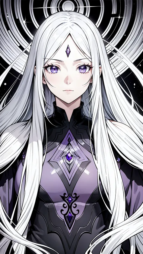 {8k image}, 1beautiful woman, mature appearance, purple eyes, extremely long white hair, wearing a wizard outfit, looking at the viewer with neutral expression, face centered forward, focus on face, {face portrait}, background mountain, manga art style, ma...