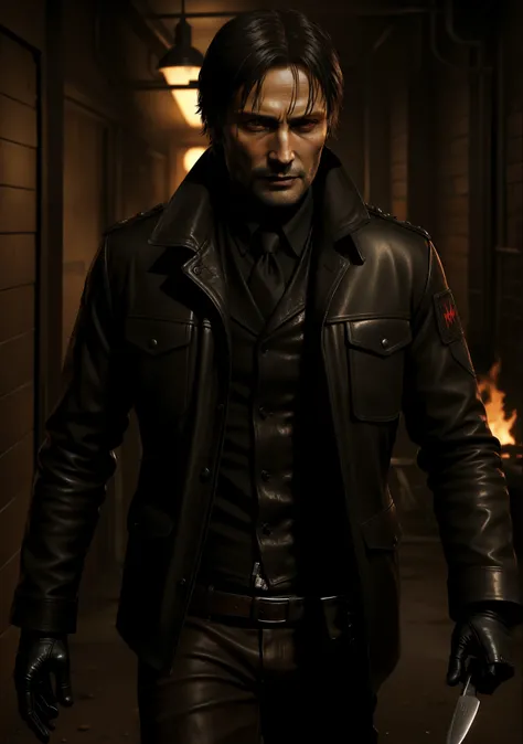 a man in a black coat and a brown shirt holding a knife,hes very menacing and evil,  mads mikkelsen as a vampire, tattered leather coat, fallout, the last of us, wastland