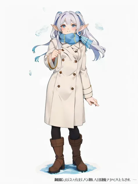 Elf woman wearing a freelen-style scarf, The main character of the anime "Freelen&#39;s funeral". The scarf is tied around the neck like a ribbon., Fringe on both ends. she is wearing a long white winter coat, I have long blonde hair (twin tails), blue eye...