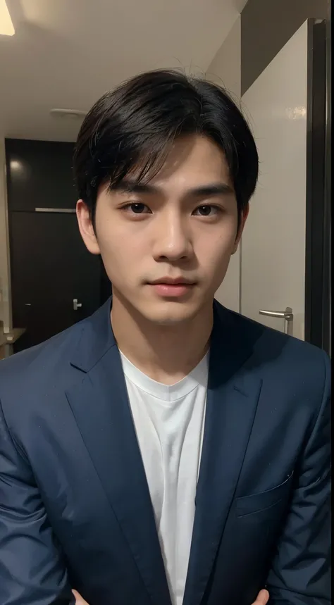 Chinese young man, 18 years old, Xiao Zhan, handsome, good figure, big muscles, black hair, bright black eyes, narrow eyes, prominent nose, thin lips, 180 cm tall, wearing a blue men&#39;s suit, good figure, wearing long blue pants. The face is detailed an...