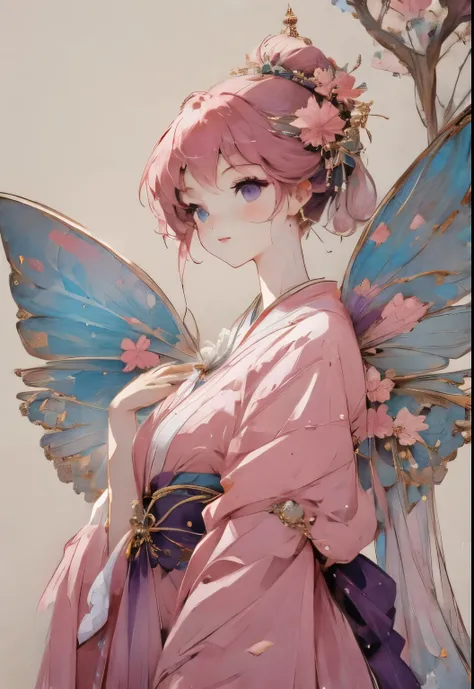 Butterfly sprites，extreme details, flawless, Aerial View, Like a work of art, Anime girl with butterfly wings, Pink hair and purple dress complement each other perfectly, Genshin Ayaka staring into the distance, Lead us into the world of Original God.look ...