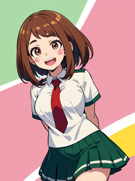 , ochako uraraka,,brown eyes,  , 1girl, (red necktie, school uniform, short sleeves,white shirt, green skirt), abstract backgrou...