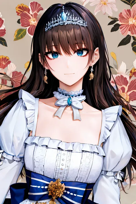 shoujo-style, jk style, (floral background), romance manhwa, (nanami), 1girl, solo, long hair, flower, dress, tiara, white dress, gloves, long sleeves, choker, mascara, makeup, white gloves, black bow, black flower, bow, jewelry, looking at viewer, collarb...