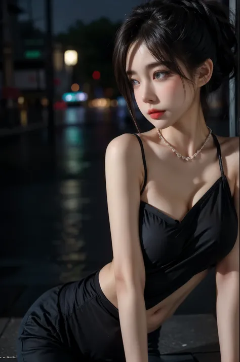 From the side, hip up,((Adilynn)), sideways pose, random posture, night time,  (An extremely delicate and beautiful work), (masterpiece), 1 girl, street wear, very detailed, Distorted ponytail, attractive expression, beautiful and clear eyes, blue eye pupi...