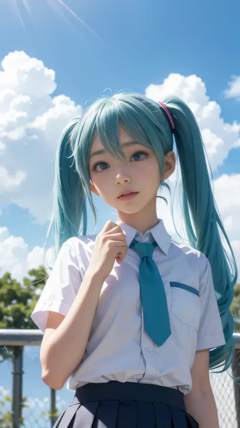 hatsune miku、summer sky、cumulonimbus、school uniform