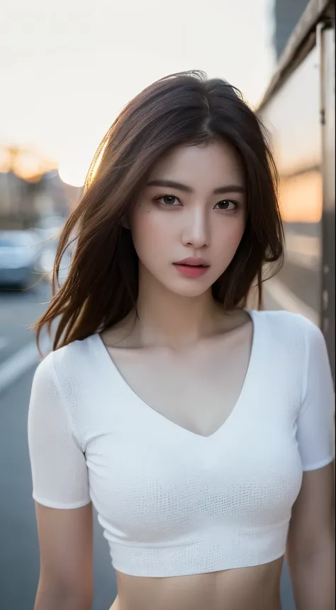 ((realistic lighting, highest quality, 8K, masterpiece: 1.3)), clear focus: 1.2, 1 girl, perfect figure: 1.4, slim abs: 1.1, ((dark brown hair)), (white crop top: 1.4), (outdoor, night: 1.1), street, super fine face, fine eyes, double eyelid,