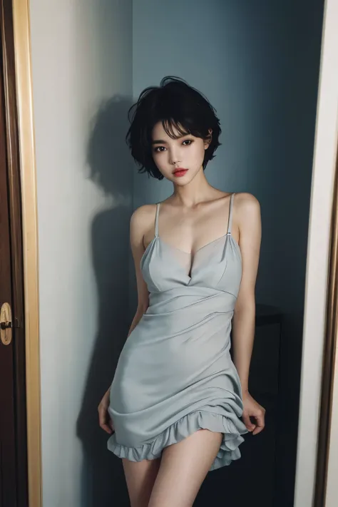 highest quality、masterpiece、Super high resolution、(Photoreal:1.5)、Raw photo、1 girl、Cloudy、deep shadow、Inconspicuous、cold light、sexy look、shorth hair、((very_short_hair))、((luxurious dress))