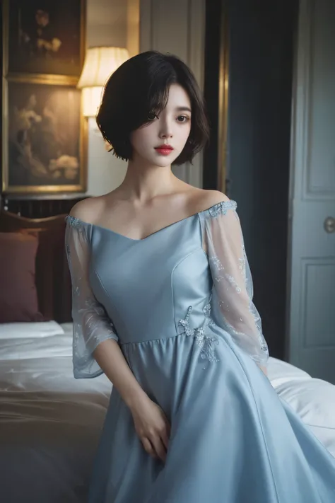 highest quality、masterpiece、Super high resolution、(Photoreal:1.5)、Raw photo、1 girl、Cloudy、deep shadow、Inconspicuous、cold light、sexy look、shorth hair、((very_short_hair))、((luxurious dress))