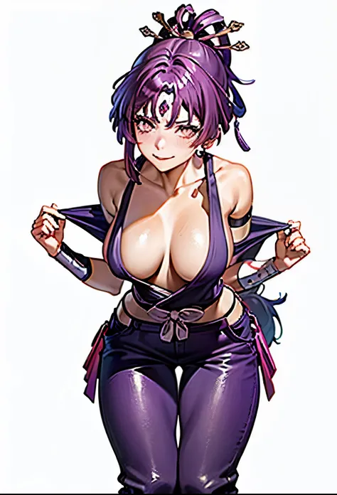 best quality, masterpiece, (leaning over:1.4), 
1girl, yuzuriha_(jigokuraku), purple hair, brown eyes, ninja, open clothes, cleavage, small breasts, topknot, medium hair, breasts apart, seductive smile, pants, undressing,  (blush:1.1),  japanese exterior, ...