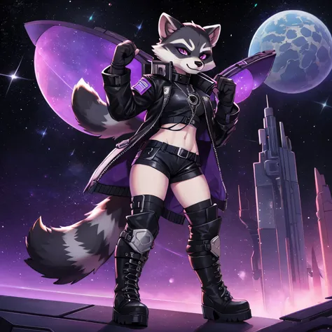 Badass furry raccoon female in black and purple leather space bandit shorts outfit with tall boots and jacket