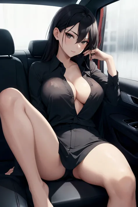 Sexy woman sitting inside a car, tinted windows, partially unbuttoned black shirt, seductive look, sultry pose, placing her leg on us, so sexy, raining outside, foggy windows