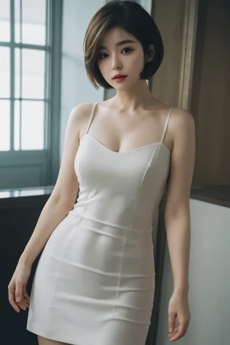 highest quality、masterpiece、Super high resolution、(Photoreal:1.5)、Raw photo、1 girl、Cloudy、deep shadow、Inconspicuous、cold light、sexy look、shorth hair、((very_short_hair))、((luxurious dress))