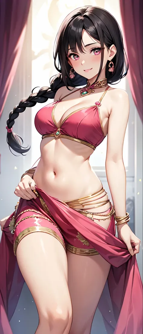 Sexy woman, black hair, single braid, fair skin, beautiful delicate eyes, small thin nose, pink lips, parted, bright smile, hair skin, bright pink blush, red lehenga, medium chest, cleavage, wide hips, hourglass body, bare abdomen