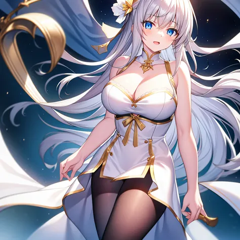 detailed， dense， masterpiece， a girl， Beautiful big breasts， Wearing a white cardigan， permanent，Stand by the bed，There were blankets，  white hair， 16 years old， Light滑的皮肤， 发Light的皮肤， 发Light的头发， clear eyes， 发Light的眼睛，blue eyes， pale pink lips， （The audienc...