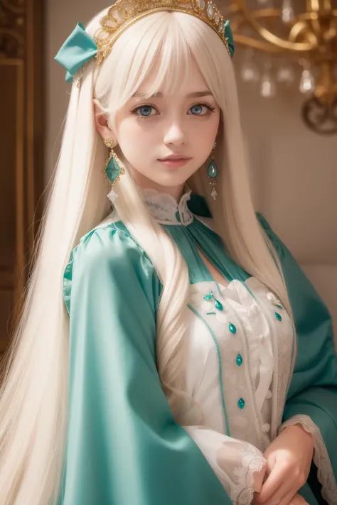 A white blonde doll with long hair and earrings,closeup of face，ssmile，adolable，Dark emerald and light aquamarine style, 32k ULTRAHD, nostalgic paintings, charming anime characters, Beautiful women, Light gold and magenta, Baroque grandeur