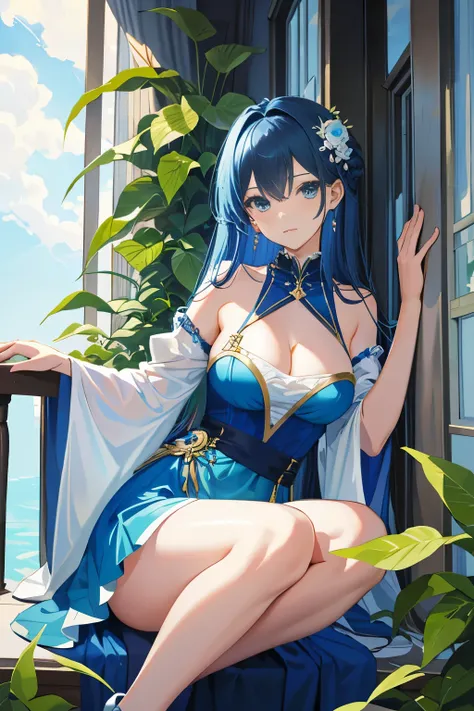 Masterpiece, one woman, solo, Arad in a blue dress, sitting on windowsill, trending on cgstation, 8K high quality detailed art, anime waifu in a nice dress, extremely detailed and exquisite fanart, attractive and alluring Anime woman, WLOP and Sakimichanst...