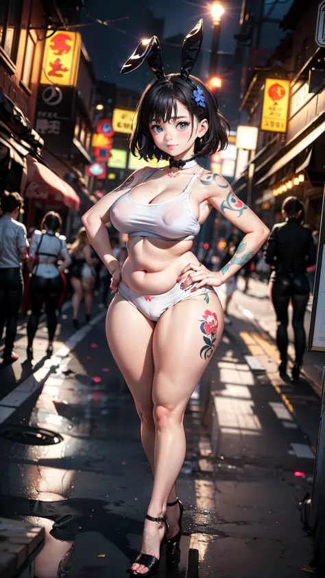 (masterpiece, best quality, ultra high res, beautiful detailed body), cute girl, night city, neon lighting, red district, full body, loli, teen, (wide hips, thick thighs:1.6), big ass, plump ass, butterball ass,wearing diaper, high heels, bunny ear headwea...