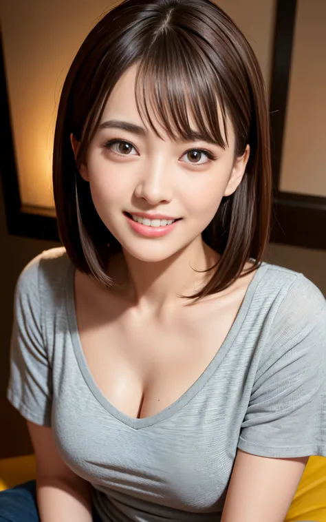 highest quality, figure, super detailed, finely, High resolution, 8k wallpaper, 完璧なダイナミックな構figure, beautiful skin, (Big eyes that shine like jewels), 20 year old beautiful girl, natural color lip, (sexy pose), Chest middle, smile, Highly detailed face and ...