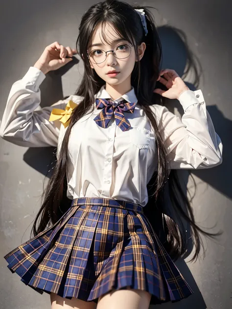 (8K, highest quality, table top: 1.2), realistic, ultra high resolution, intricate details, 1 girl, beautiful face, jk suit, white shirt, yellow bow tie, yellow skirt, plaid skirt, pleated skirt, Upper body, Are standing, wide angle lens, 超realistic女子高生, 超...