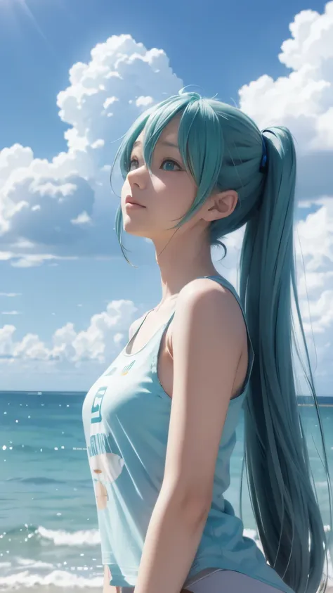 hatsune miku、summer sky、cumulonimbus,tank top