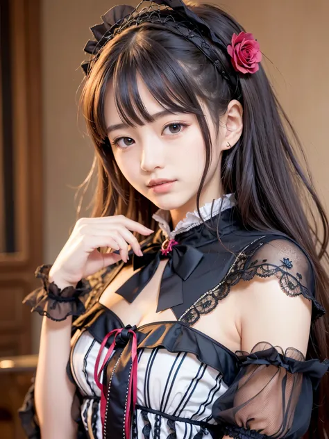 1 nogizaka girl, So cute, bishojo, 14, (gothic loli fashion), A delicate and beautiful face, eyes, and skin, dense black shiny hair, elegant frills, frilled tie, ribbon tie, rose hair accessories, (smile at the camera), (cowboy shot), (european castle), pr...