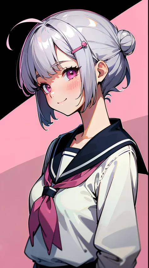 (highest quality、High resolution:1.2)、Silver-haired schoolgirl、Short silver bob hair tied into a bun with a hair clip、pink eyes、blush、smile、profile、turn your arms behind your back:1.2、Upper body close-up、sailor school uniform、Sakura Park、sharp outline、tomb...