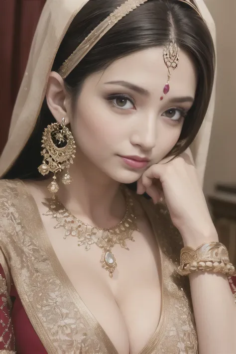 (Masterpiece,topquality)8k,32k,ultrarealistic       A mesmerizing blend of tradition and elegance, the beautiful bride is a sight to behold in her graceful saree and exquisite jewellery!(perfect eyes, lips, face,) lips are detailed, eyes on position, (huge...