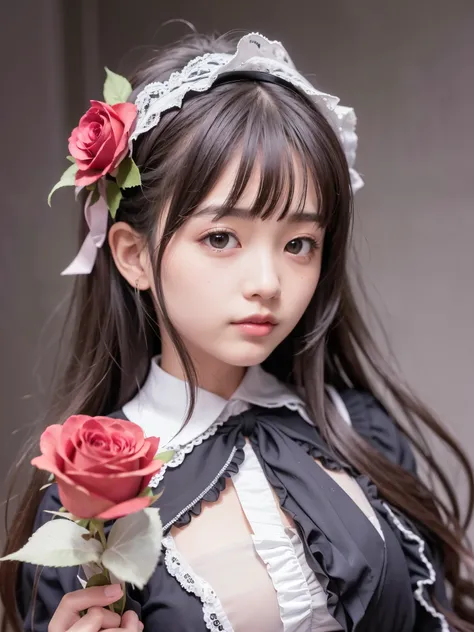 1 nogizaka girl, So cute, bishojo, ((15 years)), (gothic loli fashion), A delicate and beautiful face, eyes, and skin, dense black shiny hair, elegant frills, frilled tie, ribbon tie, rose hair accessories, smile at the camera, cowboy shot, (Beautiful scen...