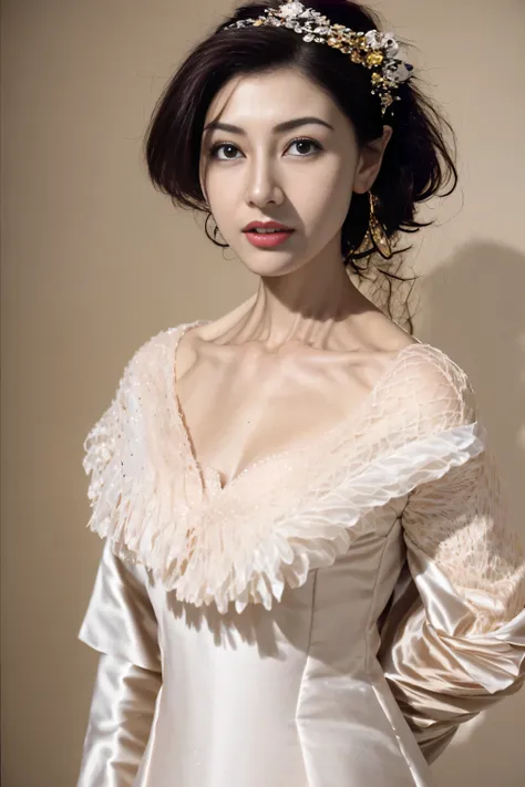 nice images, clear focus, Rembrandt&#39;perfect brown eyes, bright red lips, black hair, Home, Look head-on, full pose, wonderful faces.., look beautiful.., Elegant details in white dress, paisley gold design, my hair is more elegant., extra focus, Radiant...