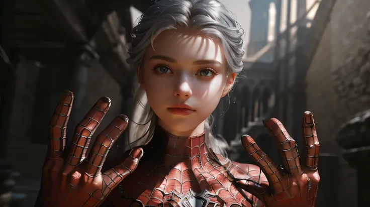 (Extreme Detail CG Unity 8K wallpaper, masterpiece, highest quality), (Exquisite lighting and shadow, highly dramatic picture, Cinematic lens effect), a beautiful girl in a white Spider-Man costume, white lingerie, silver gray hair color, long hair, from t...